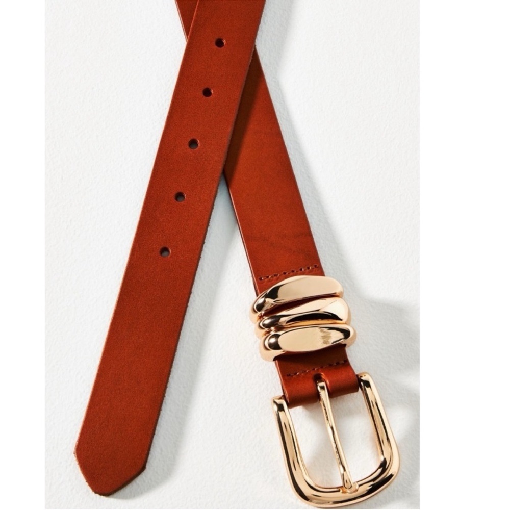 ANTHROPOLOGIE Structured Keeper Belt Brown Leather Gold Buckle Medium NWT - Picture 4 of 7